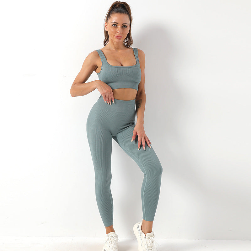 2pcs Thread Bra And Butt Lifting High Waist Leggings Set