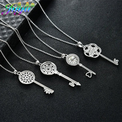 Micro Pave Zircon Floating Flower Key Pendant Necklace